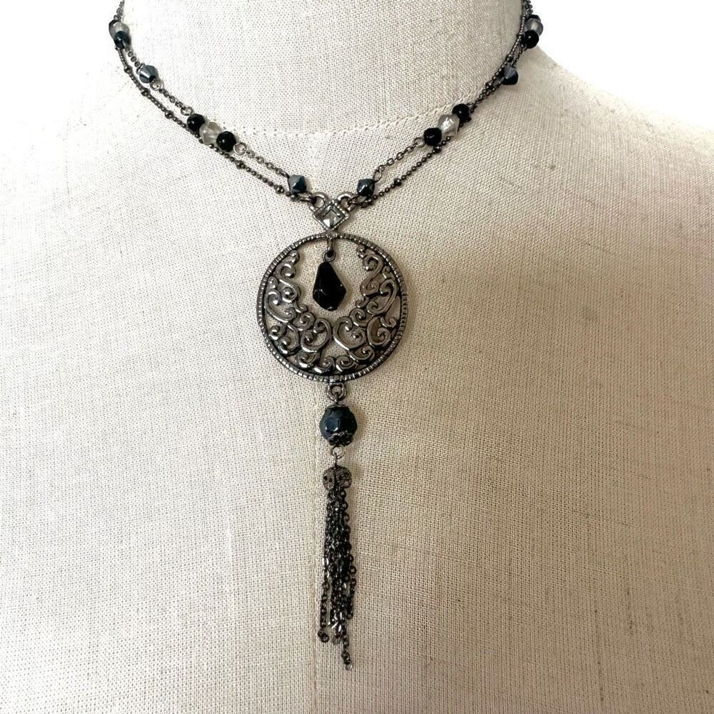 Cookie Lee grey and black tassel pendant necklace